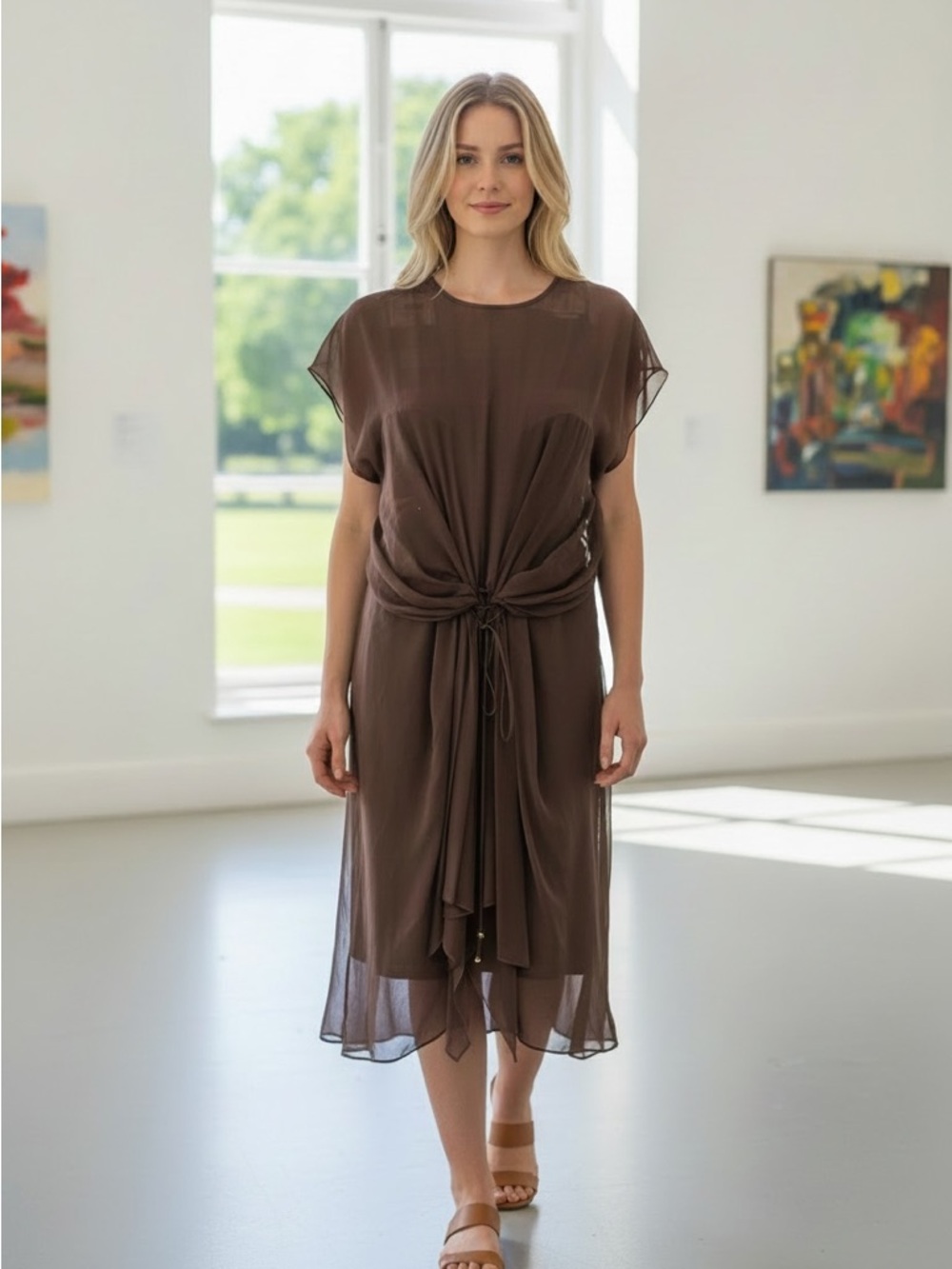 Diane Von Furstenberg Brown Sheer Tie-Front Midi Dress